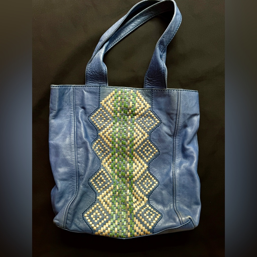 Isabella Fiore Tahoe N/S Cobalt Leather Tote with Woven Pattern